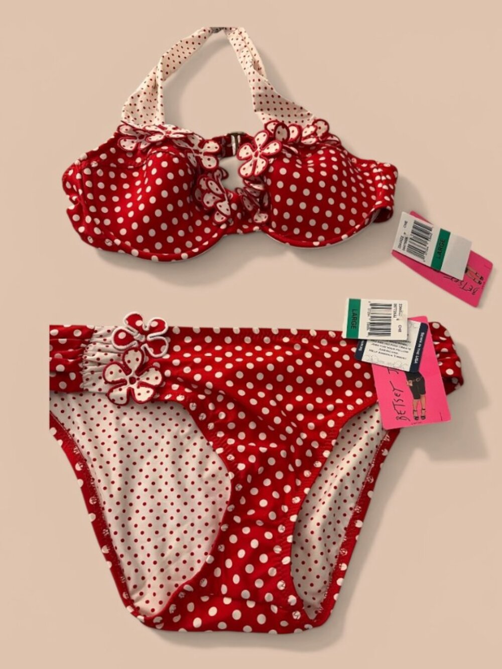 NWT Betsy Johnson Bikini Retro Style Red & White Polka Dot Swimsuit Size L